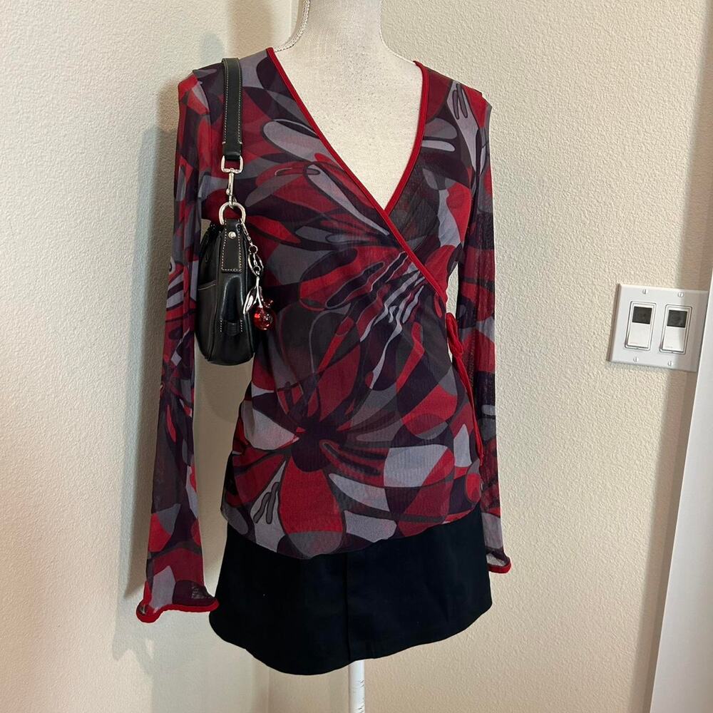 Sweet pea red and black mesh long sleeve top. Size large